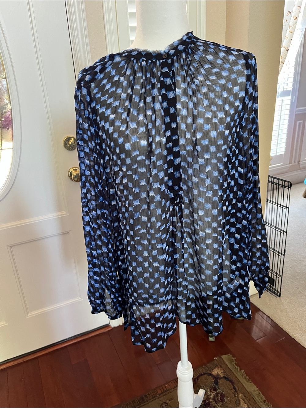 Lucky Brand Sheer Navy and Light Blue Patterned Blouse